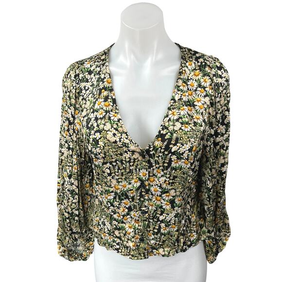 H&M Black Floral Daisy Peasant Long Sleeve V Neck Button Down Blouse Top Size M - Picture 1 of 4